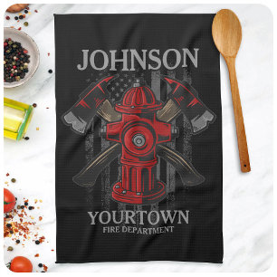 Firefighter NAME Fire Department Hydrant USA Flag Kitchen Towel