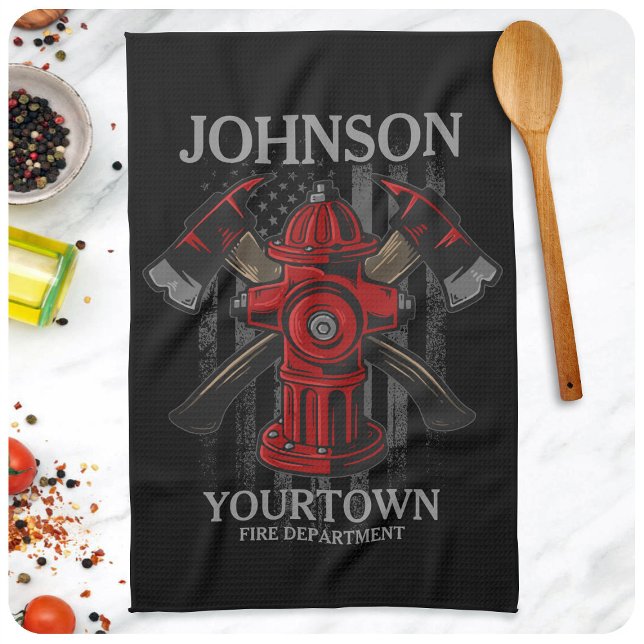 Firefighter NAME Fire Department Hydrant USA Flag  Kitchen Towel (Creator Uploaded)