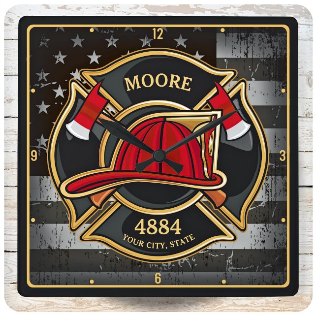 Firefighter NAME Fireman Fire Department Flag Square Wall Clock (Creator Uploaded)