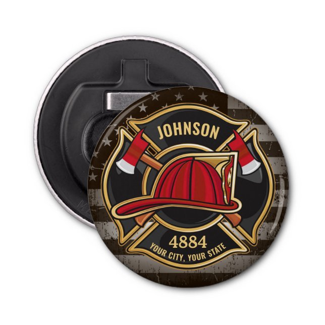 Firefighter NAME Fireman Fire Department USA Flag Bottle Opener (Front)