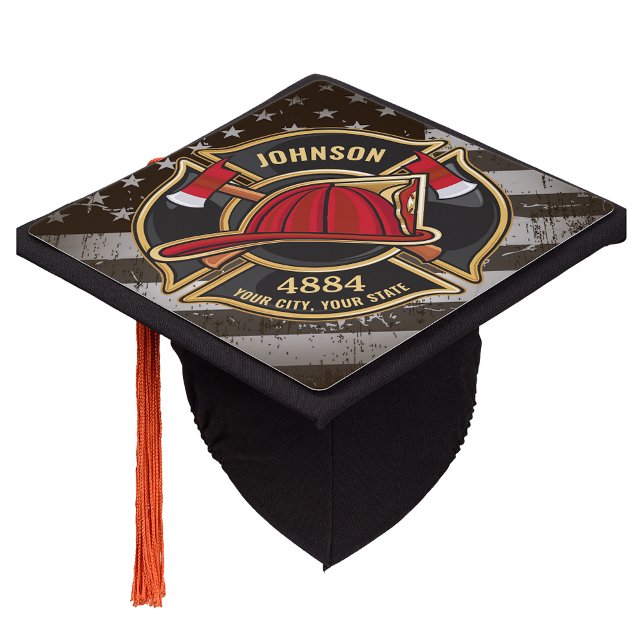 Firefighter NAME Fireman Fire Department USA Flag Graduation Cap Topper (Creator Uploaded)