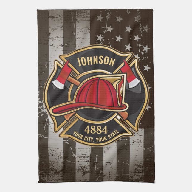 Firefighter NAME Fireman Fire Department USA Flag Kitchen Towel (Vertical)