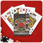 Firefighter NAME Fireman Fire Department USA Flag Playing Cards<br><div class="desc">Firefighter NAME Fireman Fire Department USA Flag design - Emblem with Red Helmet and Axe. Customize with your Name,  Station/Dept Number and location.</div>