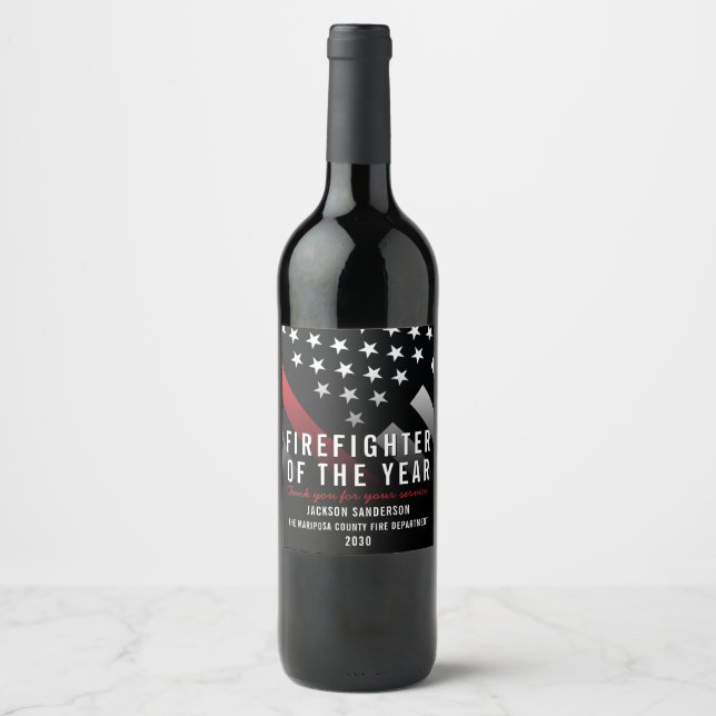 Firefighter of the Year Employee Red Line Flag Wine Label (Front)