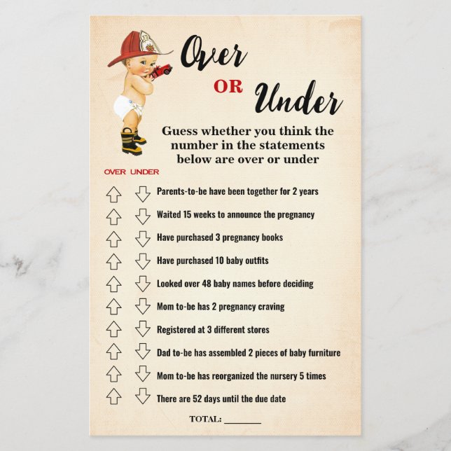 Firefighter Over or Under Baby Shower Game Card (Front)
