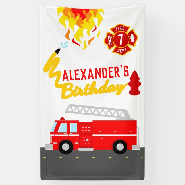 Firefighter Party Theme Red Fire Engine Birthday Banner (Vertical)
