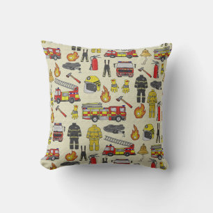Firefighter Pattern, Fire Truck, Rescue Gear, Flam Throw Pillow