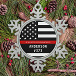 Firefighter Personalized Fireman Thin Red Line Snowflake Pewter Christmas Ornament<br><div class="desc">Personalized Thin Red Line Ornament - American flag in Firefighter Flag colours, modern black red design . Personalize with firefighter name, or fire department. This personalized firefighter ornament is perfect for fire departments, fire service, or as a memorial keepsake and fire department Christmas gifts o\r stocking stuffers. Order these firefighter...</div>