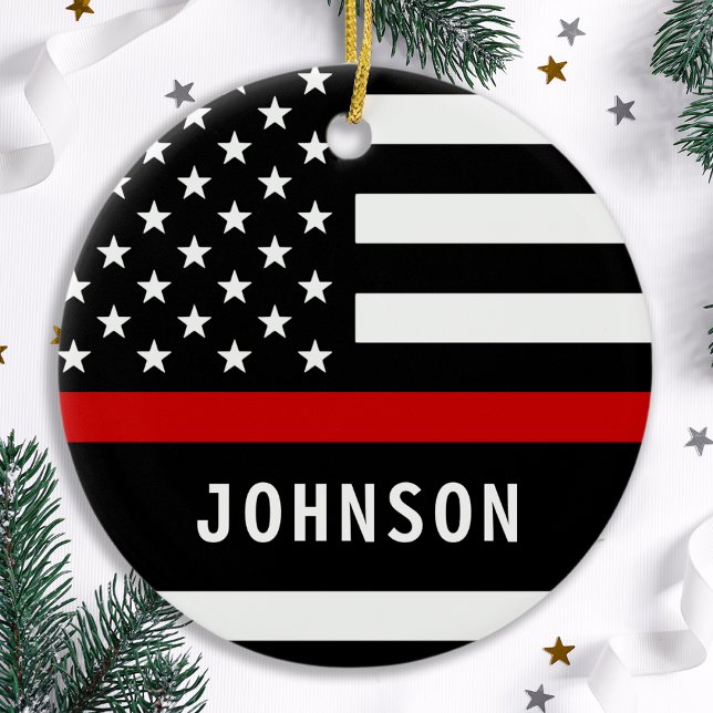 Firefighter Personalized Modern Thin Red Line Ceramic Ornament (Creator Uploaded)