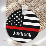 Firefighter Personalized Modern Thin Red Line Keychain<br><div class="desc">Personalized Thin Red Line Keychain - American flag in Firefighter Flag colors, modern black red design . Personalize with firefighter name, or fire department. This personalized firefighter keychain is perfect for fire departments, fire service, or as a memorial keepsake. COPYRIGHT © 2020 Judy Burrows, Black Dog Art - All Rights...</div>