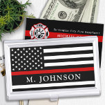 Firefighter Personalized Thin Red Line Business Card Holder<br><div class="desc">Thin Red Line Business Card Case - American flag in Firefighter Flag colours, modern black red design . Personalize with firefighter business card case with fireman name. This personalized firefighter business card holder is perfect for firefighters and fire departments, a wonderful gift for a firefighter retirement, or fire service graduation....</div>
