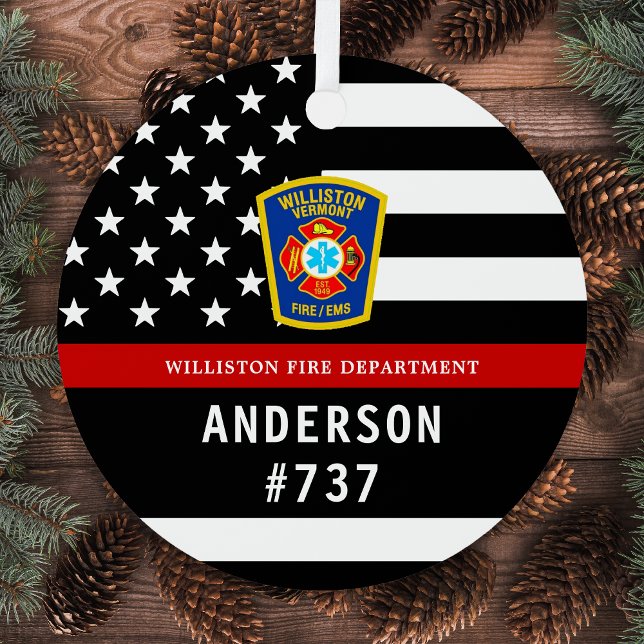 Firefighter Personalized Thin Red Line Fire Logo  Metal Ornament (Creator Uploaded)