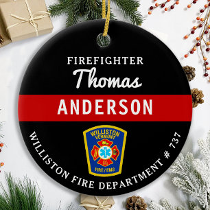 Firefighter Personalized Thin Red Line Fire Rescue Ceramic Ornament