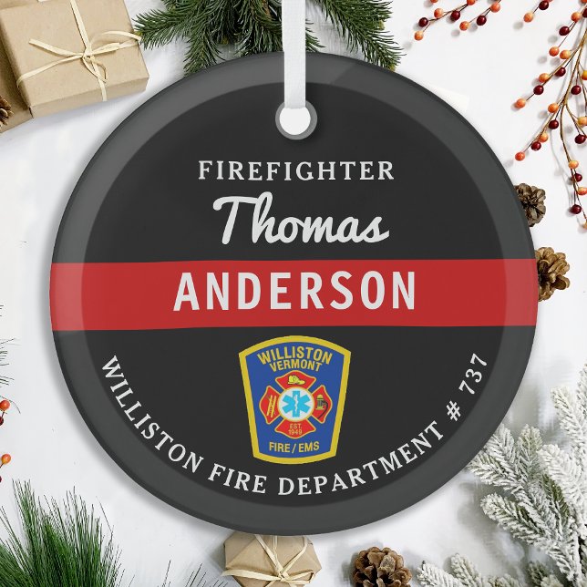 Firefighter Personalized Thin Red Line Fire Rescue Glass Ornament (Creator Uploaded)