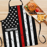 Firefighter Personalized Thin Red Line Flag BBQ Apron<br><div class="desc">Thin Red Line Firefighter Apron - USA American flag design in Firefighter Flag colours, distressed design . This personalized firefighter apron is perfect for birthdays, Christmas, firefighter retirement gifts, or fathers day for your fireman. Perfect for all firefighters, fire rescue volunteers and fireman family and supporters. Personalize with name. COPYRIGHT...</div>