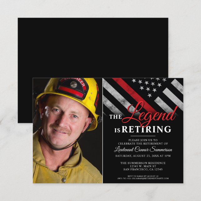 Firefighter Photo Thin Red Line Fireman Retirement Invitation (Front/Back)