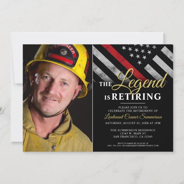Firefighter Photo Thin Red Line Fireman Retirement Invitation (Front)