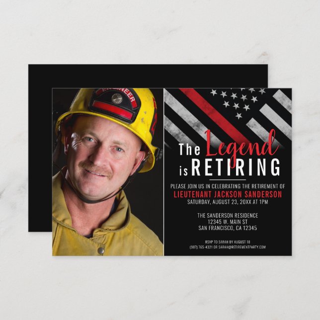 Firefighter Photo Thin Red Line Fireman Retirement Invitation (Front/Back)