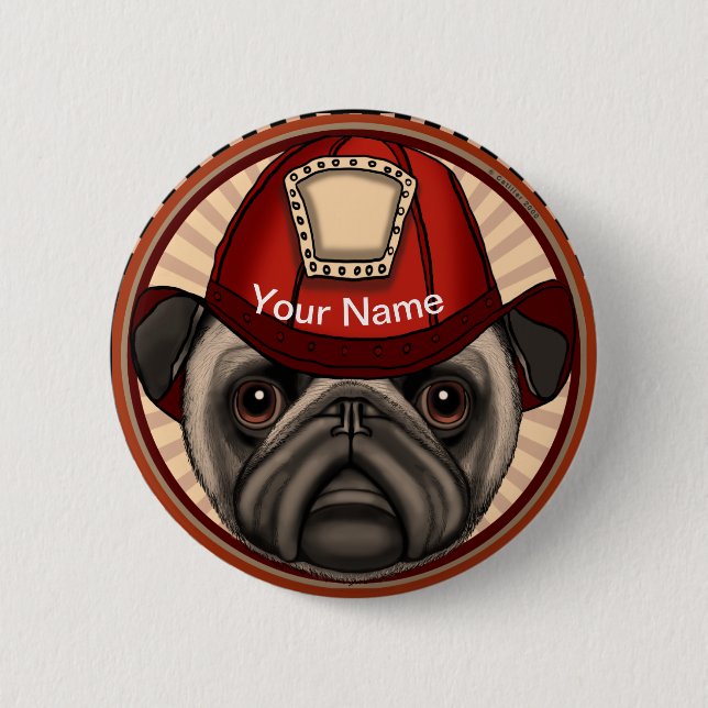 Firefighter Pug  2 Inch Round Button (Front)