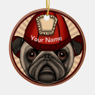 Firefighter Pug  Ceramic Ornament