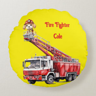 Firefighter Puppy on Ladder Fire Truck Round Pillo Pillow