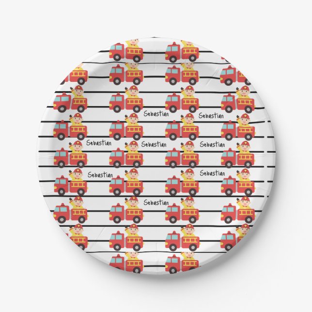 Firefighter red and fire truck pattern custom paper plate (Front)