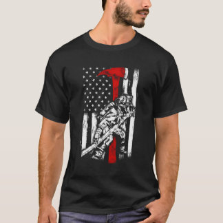 Firefighter Red Axe Distressed Fire American Flag T-Shirt