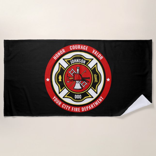 Firefighter Rescue ADD NAME Fire Department Badge Beach Towel (Front)