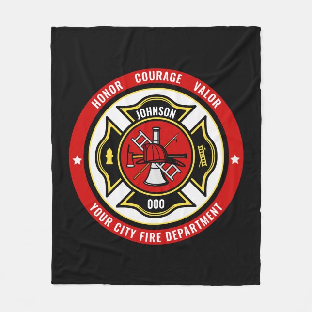 Firefighter Rescue ADD NAME Fire Department Badge Fleece Blanket (Front)