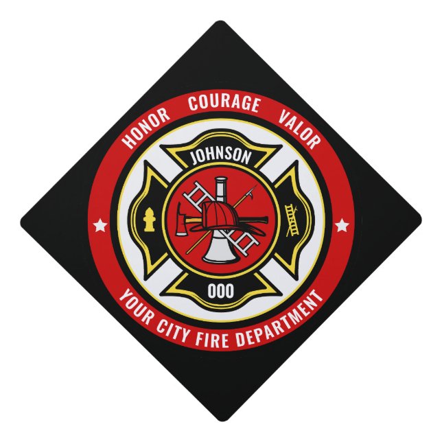 Firefighter Rescue ADD NAME Fire Department Badge Graduation Cap Topper (Front)