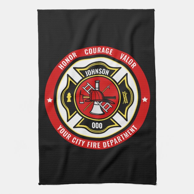 Firefighter Rescue ADD NAME Fire Department Badge Kitchen Towel (Vertical)