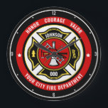 Firefighter Rescue ADD NAME Fire Department Badge Large Clock<br><div class="desc">Fire Department ADD NAME Fireman Firefighter Badge design - Emblem with Helmet and Axe. Customize with your Name,  Station/Dept Number and location.</div>