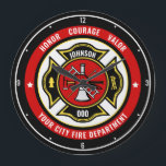 Firefighter Rescue ADD NAME Fire Department Badge Large Clock<br><div class="desc">Fire Department ADD NAME Fireman Firefighter Badge design - Emblem with Helmet and Axe. Customize with your Name, Station/Dept Number and location.</div>
