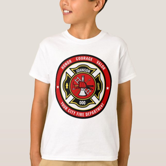 Firefighter Rescue ADD NAME Fire Department Badge T-Shirt (Front)
