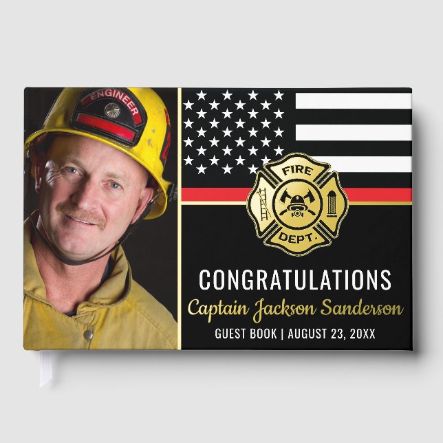 Firefighter Retirement Fireman Red Line Flag Photo Guest Book (Front)
