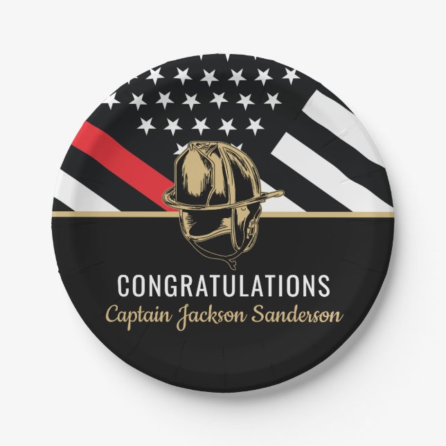 Firefighter Retirement Party Fire Red Line Flag Paper Plate (Front)