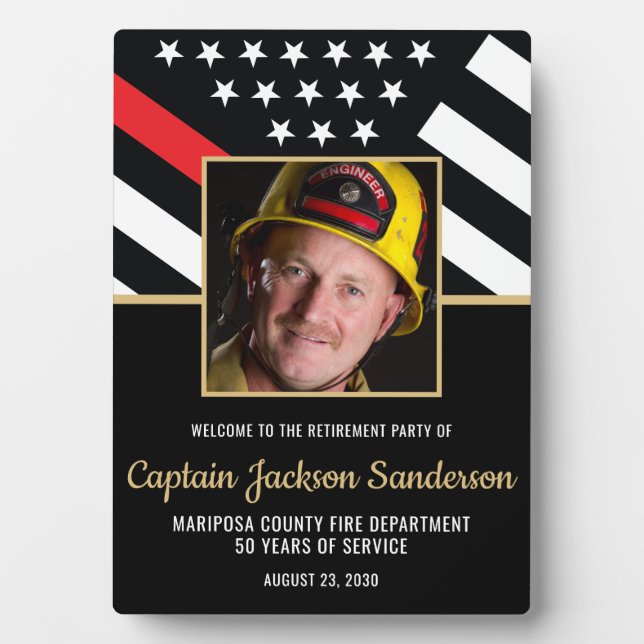 Firefighter Retirement Party Red Line Flag Photo Plaque (Front)