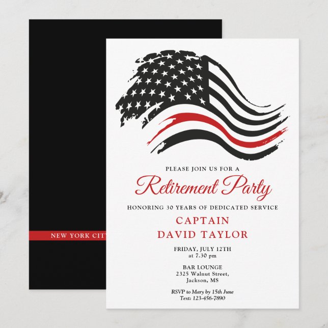 Firefighter Retirement Party Thin Red Line Flag Invitation (Front/Back)