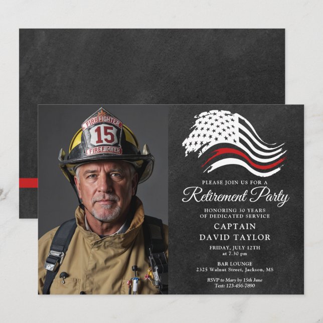 Firefighter Retirement Party Thin Red Line Photo Invitation (Front/Back)