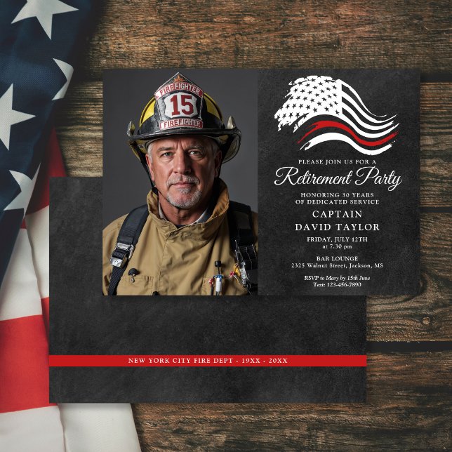 Firefighter Retirement Party Thin Red Line Photo Invitation (Firefighter Retirement Party Thin Red Line Photo Invitation)