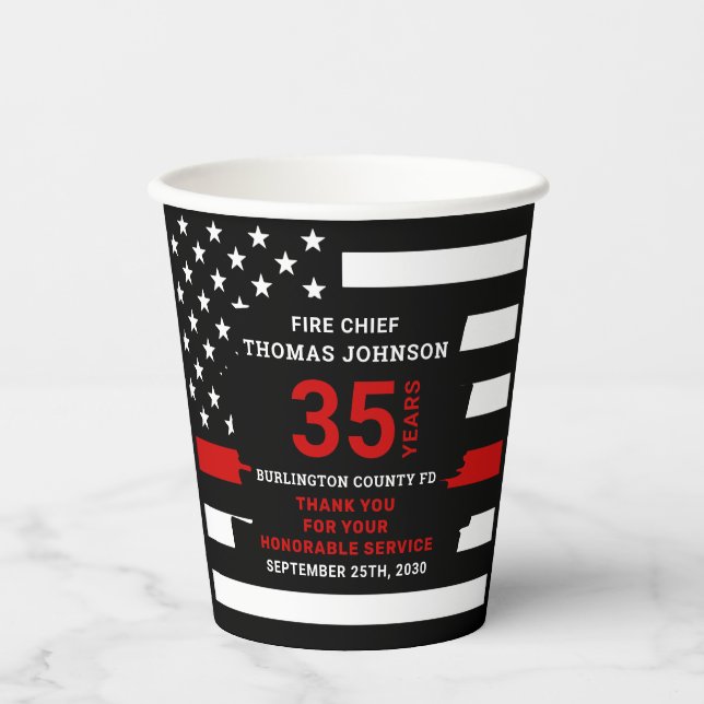 Firefighter Retirement Personalized Thin Red Line Paper Cups (Front)