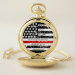 Firefighter Retirement Personalized Thin Red Line Pocket Watch<br><div class="desc">Celebrate and show your appreciation to an outstanding Firefighter with this Thin Red Line Firefighter Retirement Watch - American flag design in Firefighter Flag colours, distressed design . Perfect for service awards, fireman anniversary gifts, and firefighter retirement gifts . Personalize this firefighter retirement watch with name, years of service and...</div>