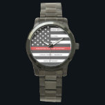 Firefighter Retirement Personalized Thin Red Line Watch<br><div class="desc">Celebrate and show your appreciation to an outstanding Firefighter with this Thin Red Line Retirement or Anniversary Firefighter Watch - American flag design in Firefighter Flag colours in a modern black an red design . Perfect for fire service awards and Firefighter Retirement gifts and fireman retirement. Personalize this firefighters retirement...</div>