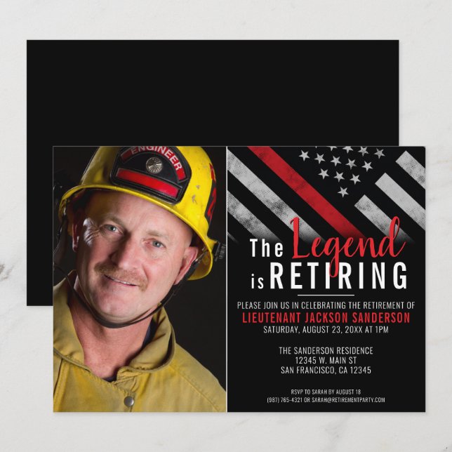 Firefighter Retirement Photo Thin Red Line Fireman Invitation (Front/Back)