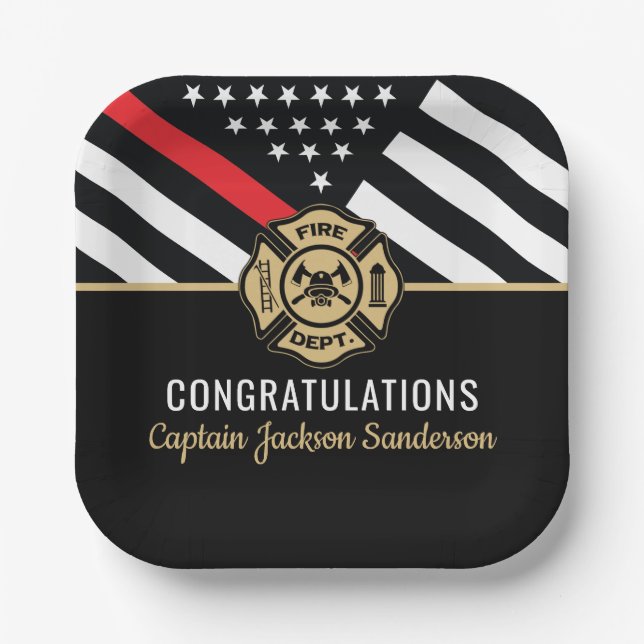 Firefighter Retirement Red Line Flag Congrats Paper Plate (Front)