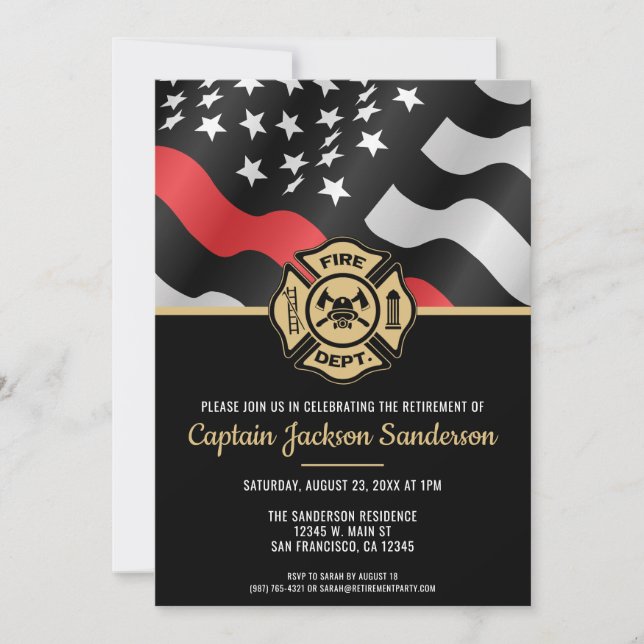 Firefighter Retirement Red Line Flag Fireman Invitation (Front)