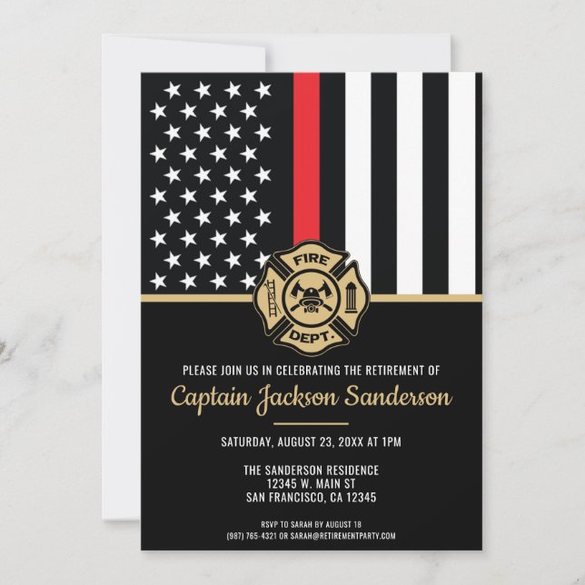 Firefighter Retirement Red Line Flag Fireman Invitation (Front)