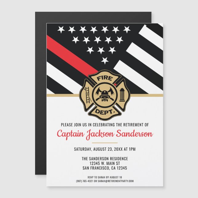Firefighter Retirement Red Line Flag Fireman Magnetic Invitation (Front/Back)