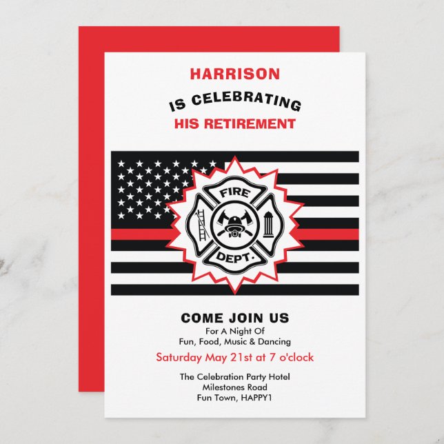 Firefighter Retirement Thin Red Line Celebration I Invitation (Front/Back)