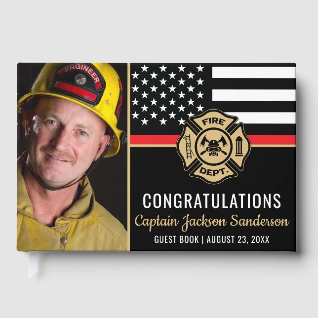 Firefighter Retirement Thin Red Line Flag Photo Guest Book (Front)